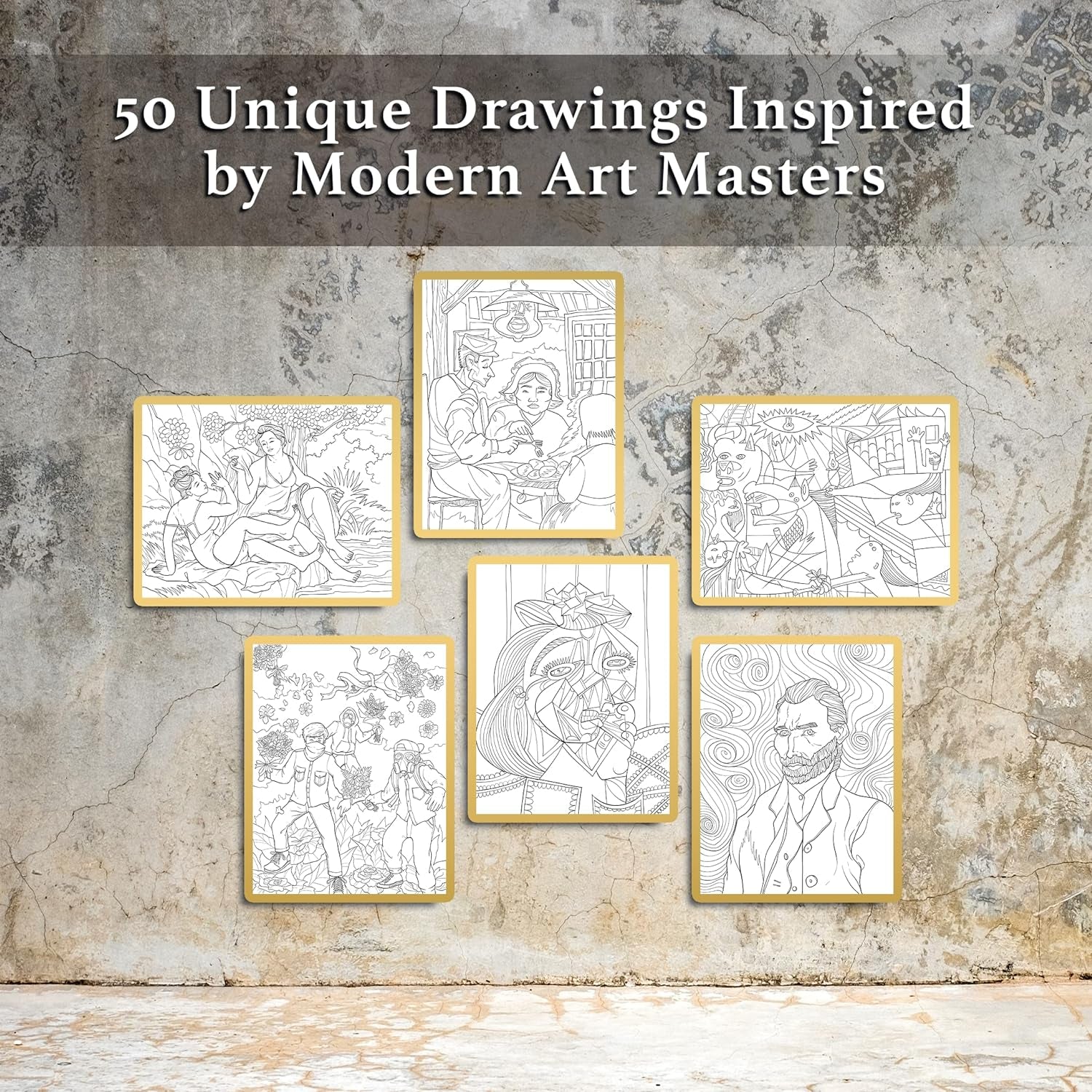 Modern Art Adult Coloring Book for Stress Relief, 50 Drawings Inspired by Famous Paintings, Smooth and Thick Paper, Spiral Binding, USA Printed, Lay Flat Hardback Book Cover, Ink Blotter Paper