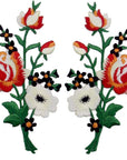 Flowers Bouquet Boho Patch Embroidered Floral Applique Iron on Sew on Rose Emblem, Red & White, Set of 2 Pcs