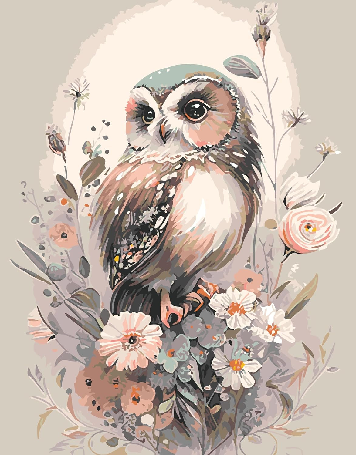 Owl Paint by Number for Adult Kit, DIY Acrylic Paint by Numbers for Adults Beginner, Owl and Flowers Oil Painting by Number on Canvas for Home Wall Decor 16X20Inch