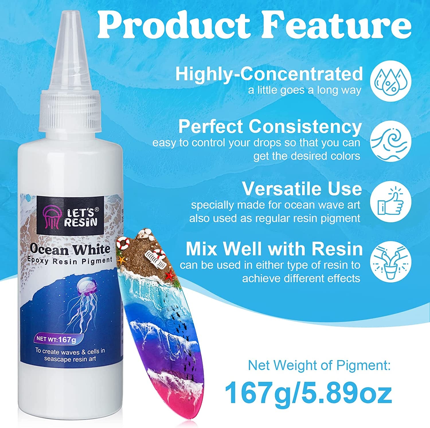 Ocean White Epoxy Resin Pigment 167G/5.89Oz, High Concentrated Pigment Paste for Epoxy Resin & UV Resin, UV Resistant Opaque Pigment for Creates Cells & Lacing, 3D Flower Resin Coasters