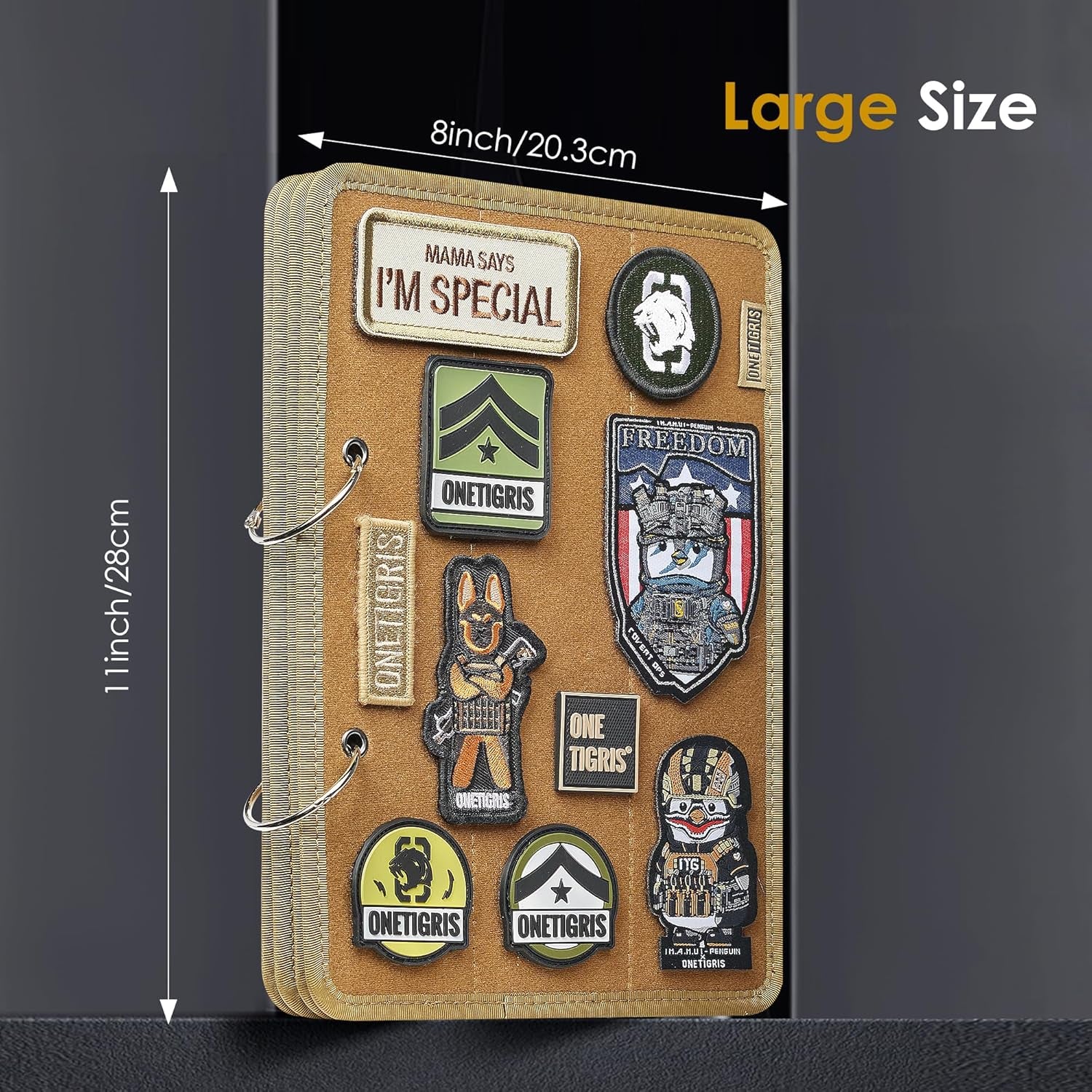 Patch Display Board, Flip-Page Patch Book with Metal Removable Ring Binders, Tactical Patches Booklet Organizer for Patch, Military Patch Collections(No Patches Included), Coyote Brown