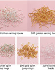 Earring Hooks 600Pcs Hypoallergenic Earring Making Kit with Jump Rings and Clear Silicone Earring Backs Stoppers(Silver and Gold)