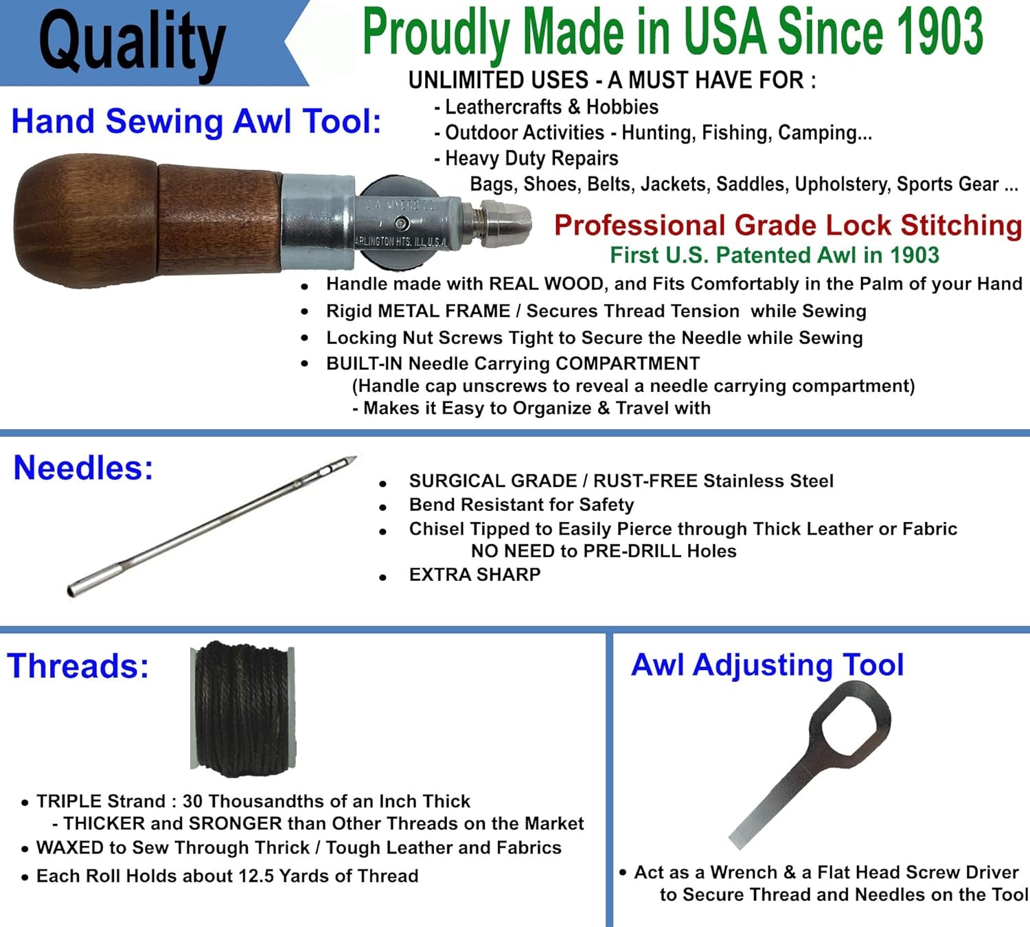 Repair Stitch Tool | Made in USA | Sewing Awl for Bounce Houses, Inflatables, Leather, Thick Fabric, Shoes, Bags, Belt, Upholstery Repair Kit & Crafts Leather, Tarp Stitching. Professional Heavy Duty
