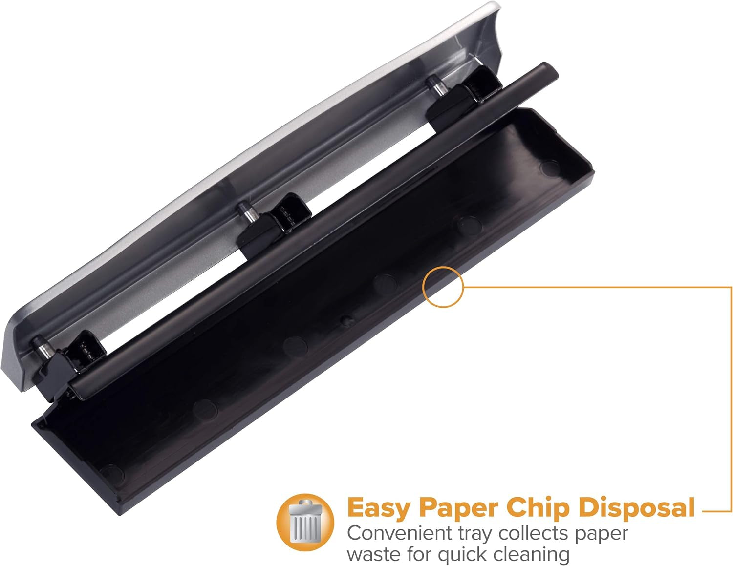 Office Premium 3 Hole Punch, 12 Sheet Capacity, Metal, Rubber Base, Easy-Clean Tray, Silver