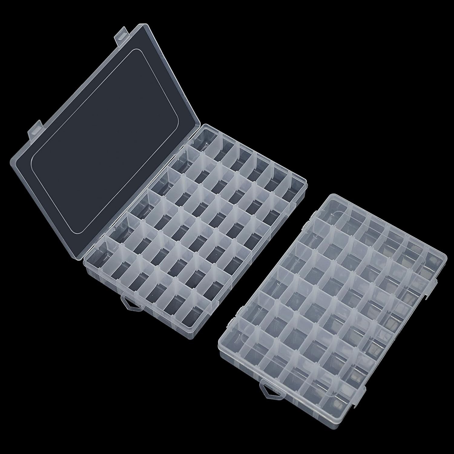 Pack of 2 Transparent Plastic Grid Box Storage Organizer for Display Collection with Adjustable Dividers - 36 Clear Grids - 10.8"X7.0"X1.8" Come with Letter Stickers