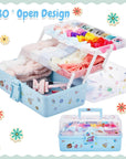 Hair Accessories Organizer 13 Inch Hair Accessories Storage Box with Fold Tray and Handle 3 Layers Plastic Tool Box Hair Accessories Organizer Box for Art Sewing Nail with Stickers (Blue)