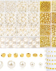 1290 Pieces Pearl Beads and Gold Spacer Beads for Bracelets Making, Assorted Gold Beads, Pearls for Bracelet Jewelry Making Kit