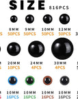 816 Pcs Safety Eyes for Crochet 6-30Mm Plastic Colorful Safety Eyes for Amigurumi with Washers Black Stuffed Animal Eyes for Craft Teddy Bear