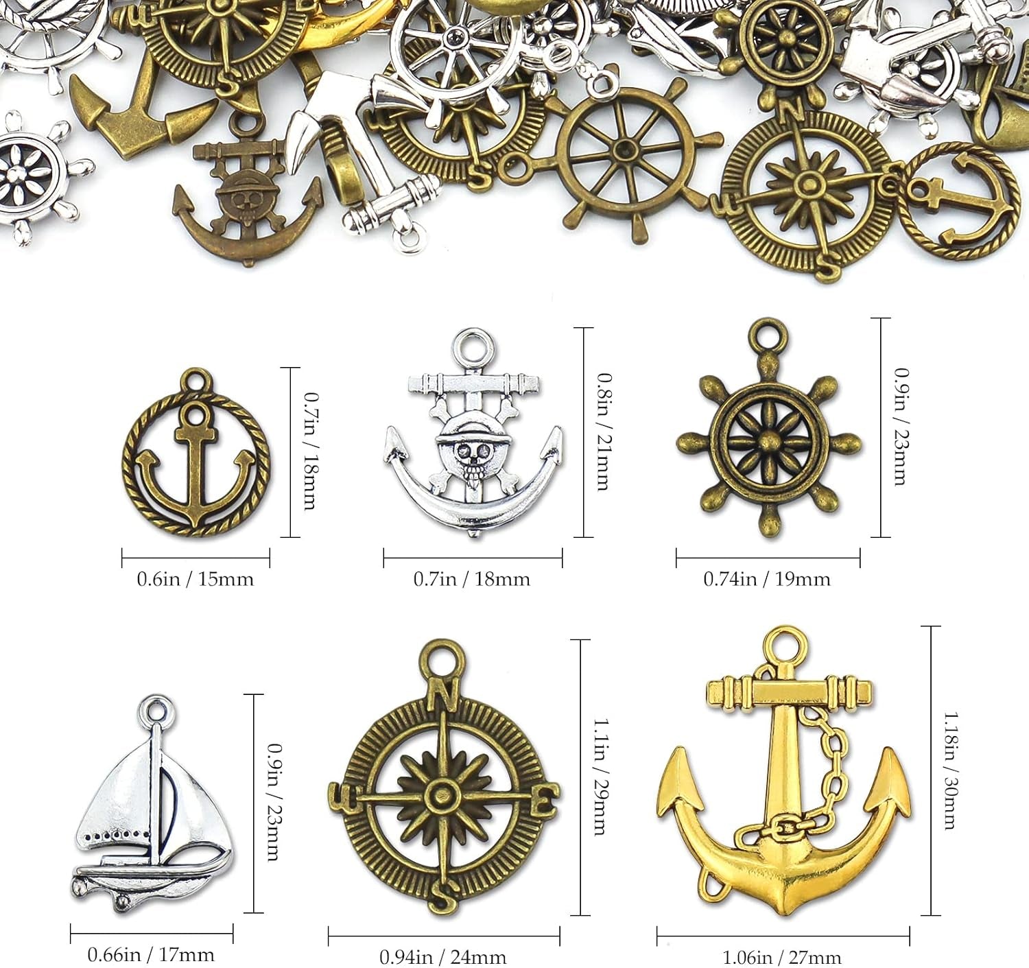 Nautical Anchor Rudder Helm Compass Charms, 100 Grams Mixed Ship Anchor Wheel Pendants Beads Charms for DIY Necklace Bracelet Jewelry Making Accessories
