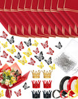 243 Pcs Flower Bouquet Wrapping Paper Waterproof Floral Wrapping Paper Florist Supplies with Butterfly Decoration Crowns Ribbons Bouquet Pin Glue for DIY Craft (Red, Black, Gold)