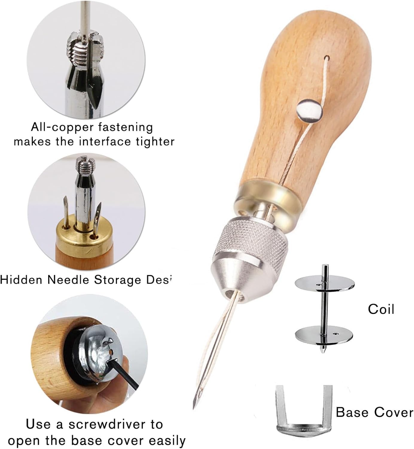 Professional Sewing Awl Kit, Portable Leather Sewing Awl Thread Kit with Straight Bent Needles Rolls Waxed Threads Small Screwdriver Yarn Scissors Needle Threader Tape Measure for DIY Craft