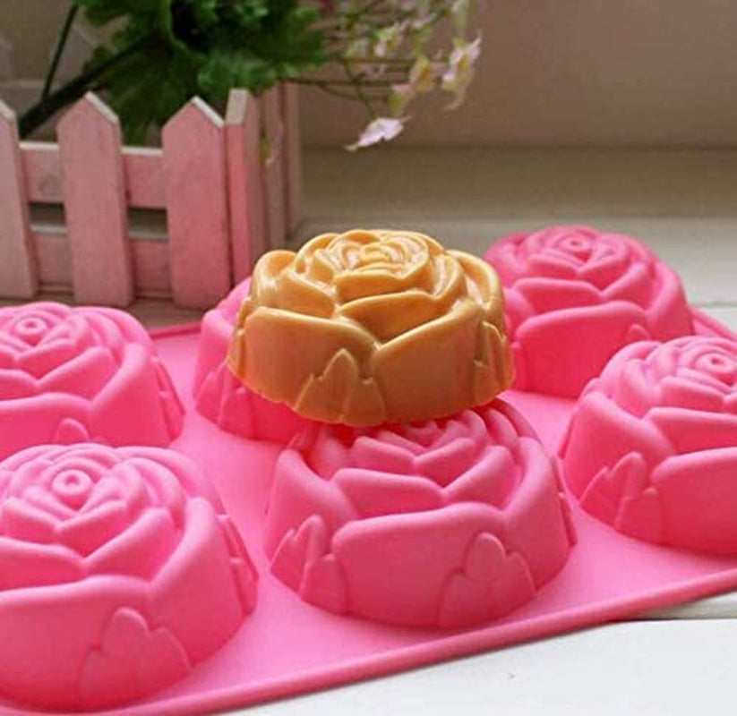 Silicone Mold for Handmade Soap Cake Jelly Pudding Chocolate 6 Cavity Rose Flower Design, Set of 2 Pink