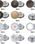 50 Pcs Jean Buttons Replacement No Sew, 17Mm Replacement Jeans Pants Buttons, Instant Adjustable Metal Snap Denim Buttons Replacement Kit for Pants Jeans Suspender Buttons, 10 Styles