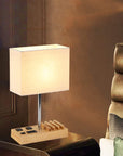 Desk Lamp with 3 USB Charging Ports, Table Lamp with 2AC Outlets and 3 Phone Stands, Nightstand Bedside Lamp with Natural Wooden Base and Cream Linen Shade