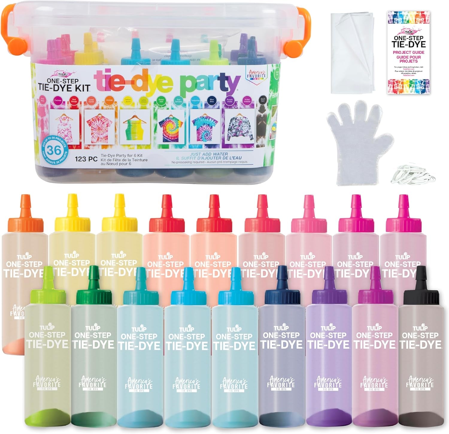 One-Step Tie-Dye Party, 18 Pre-Filled Bottles, Creative Group Activity, All-In-1 Fashion Design Kit, 1 Pack, Rainbow