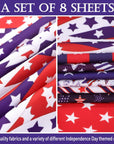 8 Pieces 20 X 20 Inch 4Th of July Day Independence Day Fabric American Flag Memorial Printed American Flag Polyester Cotton Square Fabric for Sewing Patchwork DIY Craft Earrings Hair Bows