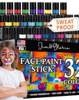 Face Painting Kit for Kids 32 Colors Metallic, Neon, Classic + Makeup Brush, Skin Safe, Washable and Professional Body Paint Sticks Crayon Set, Birthday Gift for Kids, Halloween Costume