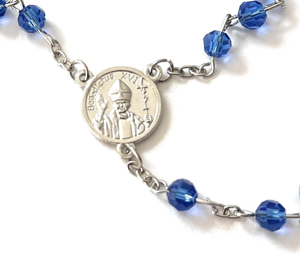 Made in Italy Blue Rosary Blessed by Pope Francis Vatican Rome Holy Father Crystal Glass Beads with Silver Toned Base Papal Cross Crucifix Blessing