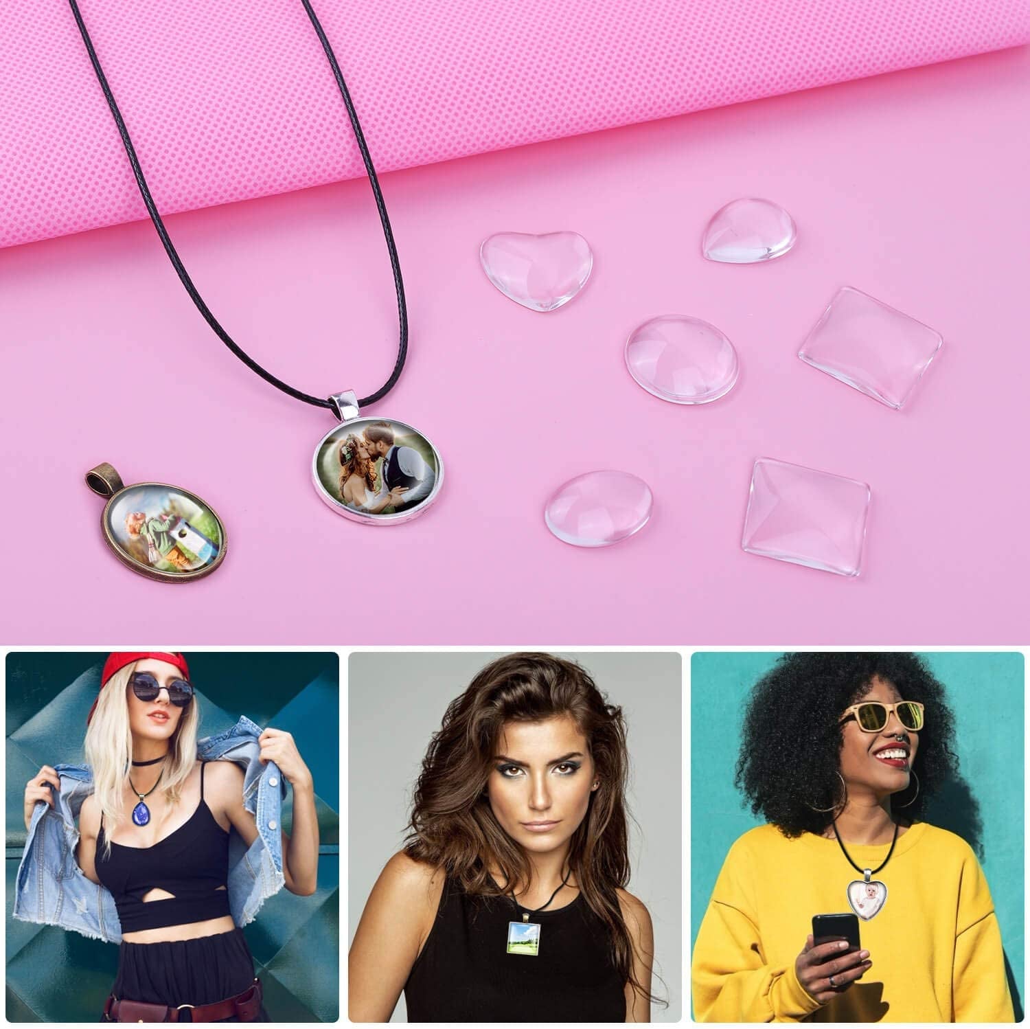 Pendant Trays with Glass Cabochons for Jewelry Making, 90Pcs Pendants Trays Set Including 30Pcs Bezel Pendant Trays Blanks, 30Pcs Glass Cabochons and 30Pcs Necklaces Cords for Necklace Making