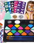 Face Painting Kit for Kids - 16 Colors Water Based Body Face Paint Includes Brushes,Sponges,Glitters,Gem Sheet,Instructions,Stencils for Halloween Party Costume SFX Makeup