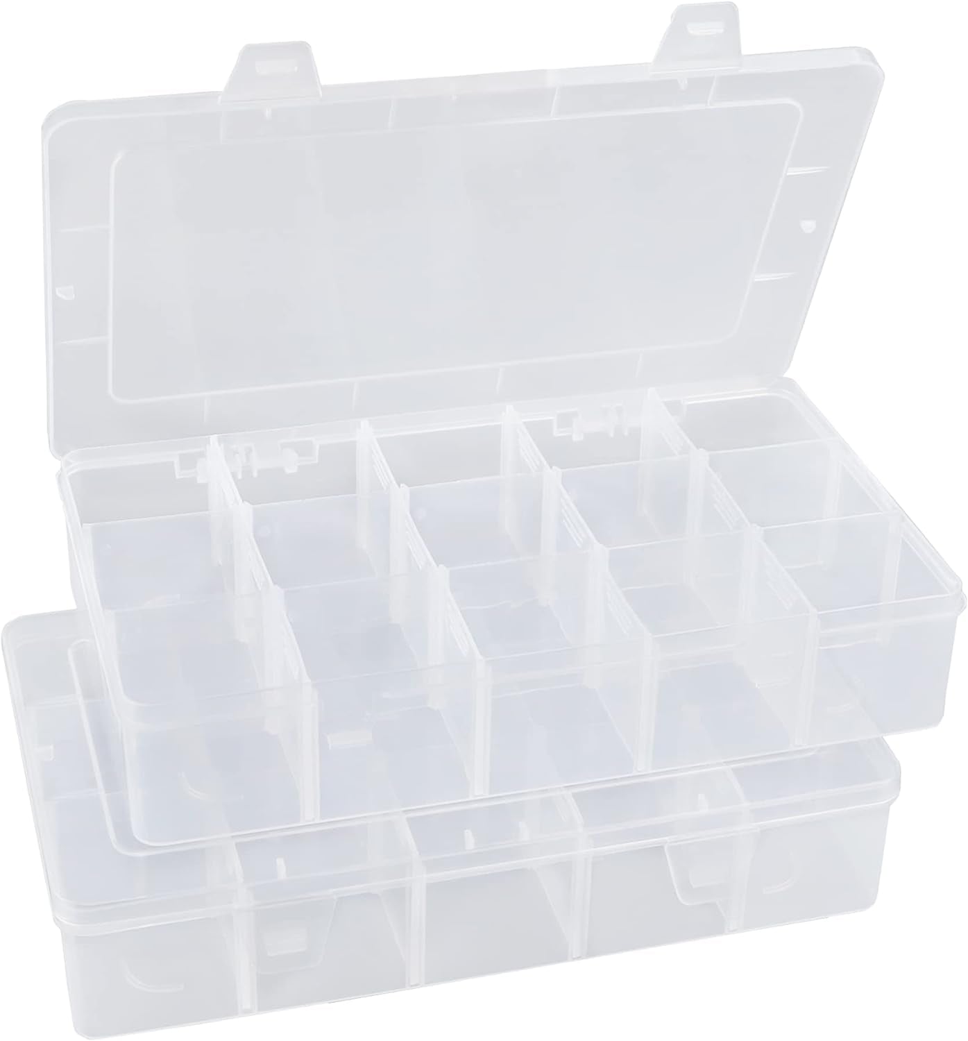 Plastic Organizer Box Craft Box Bead Organizer Tackle Box Organizer 2 Pack 15 Large Grids Clear Craft Storage Box Snackle Box Container Washi Tape Organizer