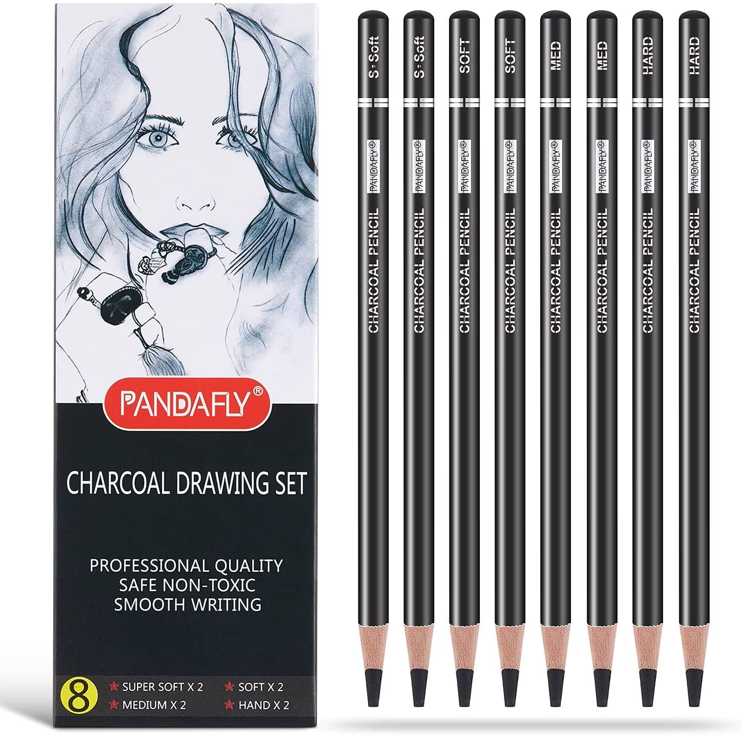 Professional Charcoal Pencils Drawing Set - 8 Pieces Soft Medium and Hard Charcoal Pencils for Drawing, Sketching, Shading