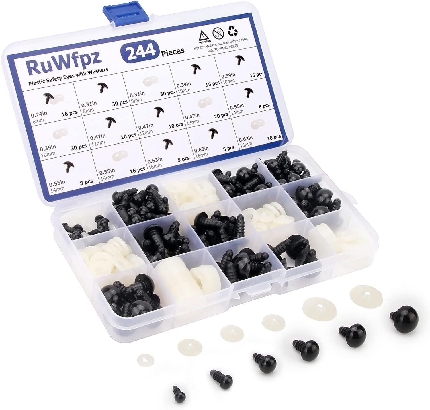 Safety Eyes for Crocheting Amigurumi 6-16Mm - 6 Sizes Stuffed Animal Eyes with Washers, 244Pcs Black Plastic Amigurumi Crochet Eyes for Doll Bear Crafts Button Plushies
