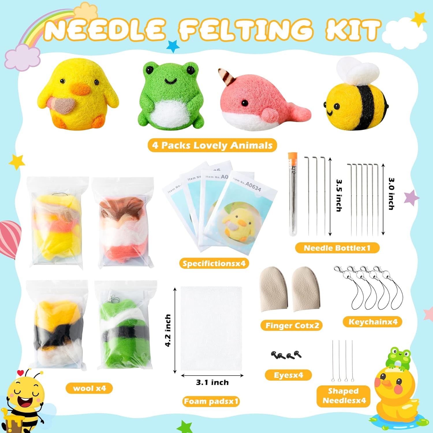 Set of 4 Cute Animal Needle Felting Starter Kit Frog Chick Bee Narwhal Animal Doll Wool Felting Tools Felt Needles Foam Mat DIY Needlework Craft Party Supplies for Beginners Adults Kids