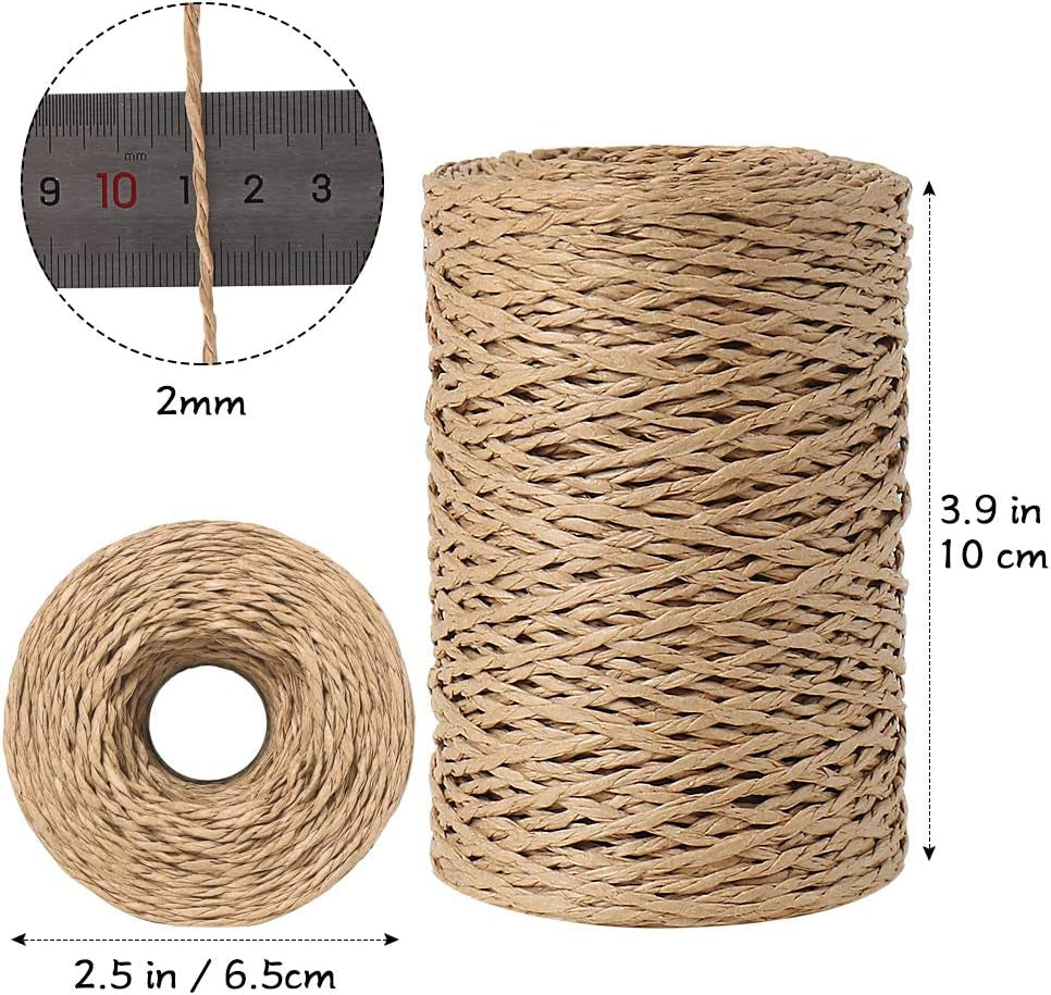 Paper String, 328 Feet 2Mm Craft Raffia Ribbon for Gift Wrapping, Natural Raffia Yarn for Crocheting, Crafting, Packing