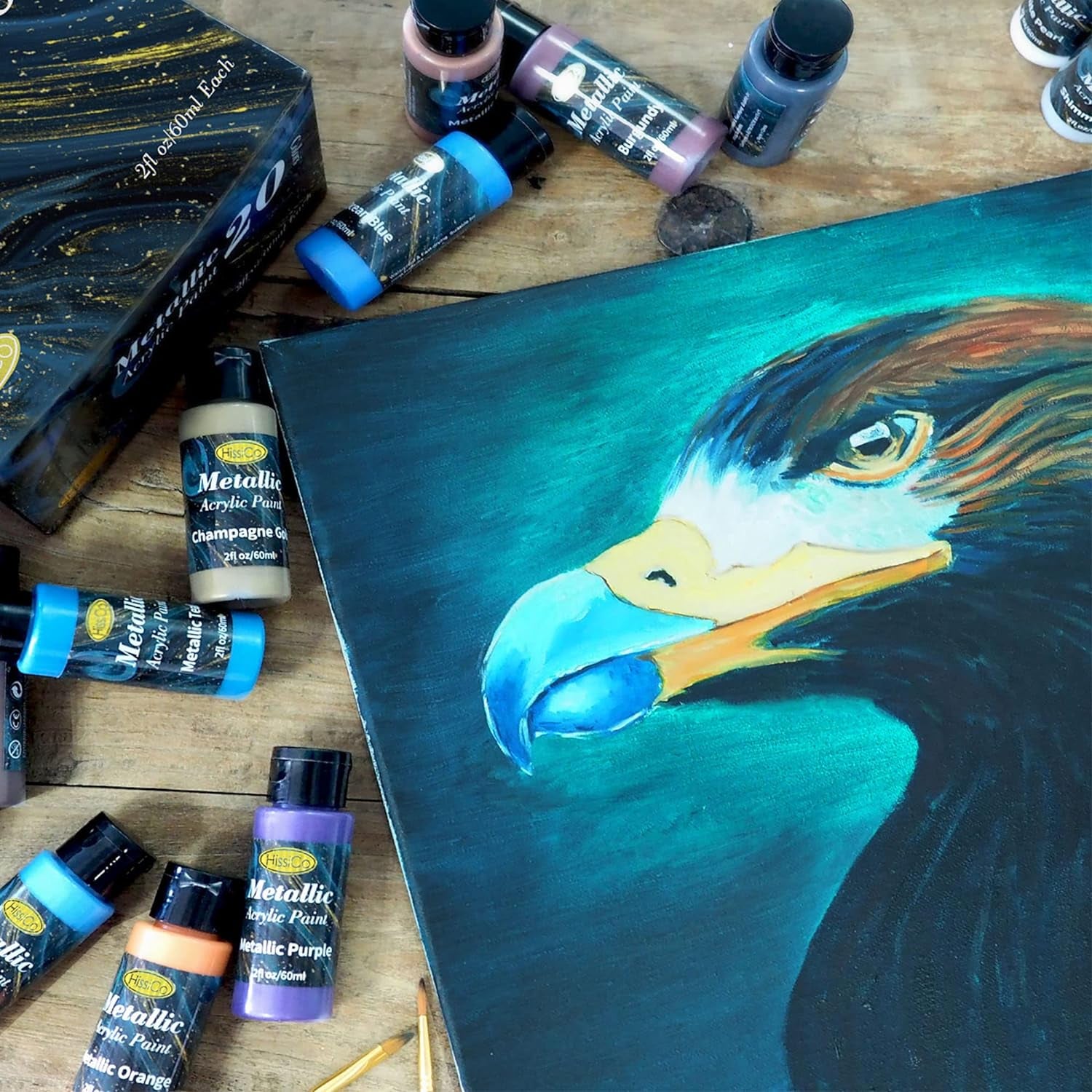 Metallic Acrylic Paint Set of Premium 24 Colors with 12 Brushes,Professional Grade Metallic Paints with Bottles (2Fl Oz 60Ml), Rich Pigments of Non Fading and Toxic Paints for Artist Hobby Painters