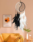 Handmade Tai-Chi Dream Catcher Black with Feathers and Beads - Approximately 50cm, Hangable Decor for Home & Car, Unique Craftsmanship & Symbolism - Ornaments, Hanging Circle Gift Decoration Traditional