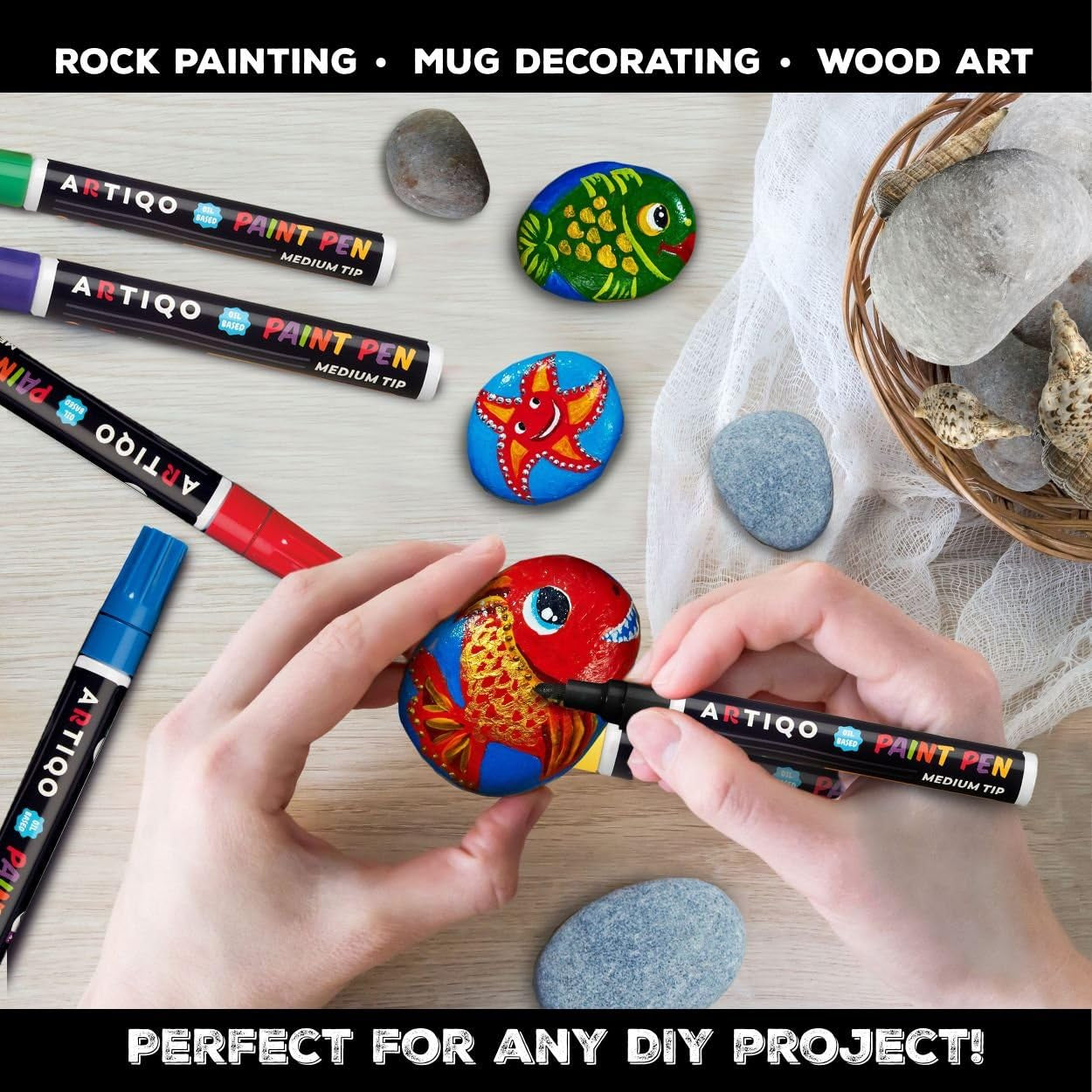 Paint Pens for Rock Painting - Wood, Glass, Metal and Ceramic Works on Almost All Surfaces Set of 15 Vibrant Medium Tip Oil Paint Marker Pens, Quick Dry, Water Resistant