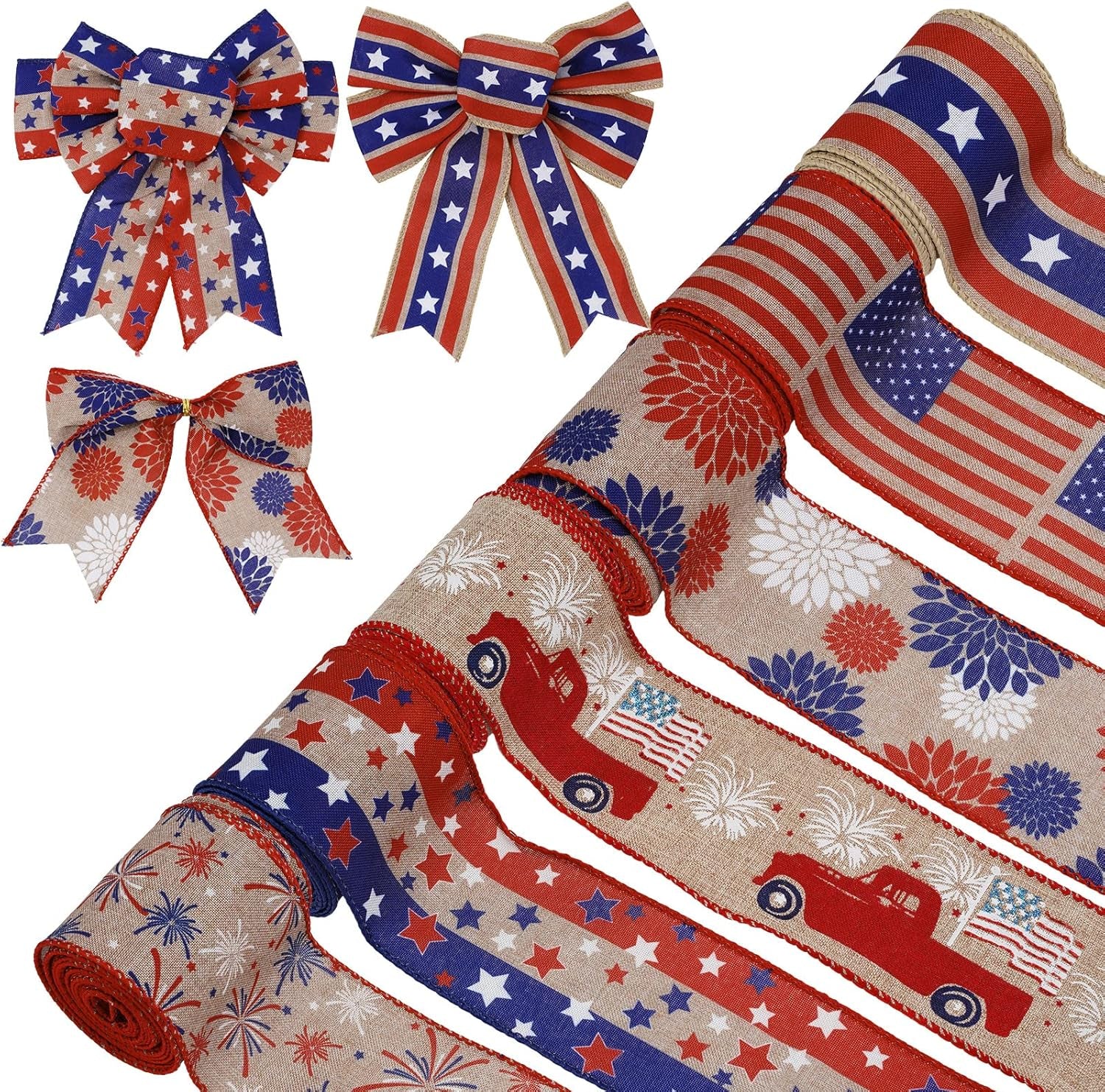 Patriotic Wired Edge Ribbon 36 Yards Red Blue White American Flag Ribbon 2.5 Inch 4Th of July Stars Stripes Fabric Ribbon for Independence Day Memorial Day Wreath DIY Craft, 6 Roll