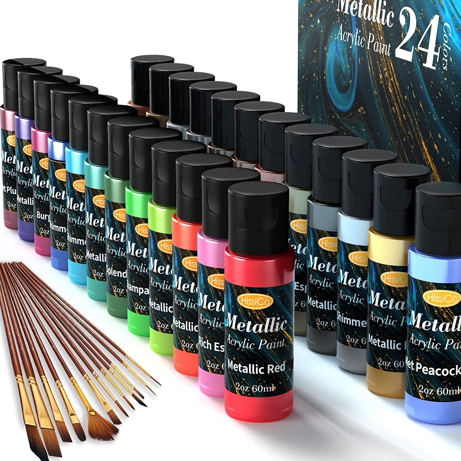 Metallic Acrylic Paint Set of Premium 24 Colors with 12 Brushes,Professional Grade Metallic Paints with Bottles (2Fl Oz 60Ml), Rich Pigments of Non Fading and Toxic Paints for Artist Hobby Painters