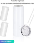 Sublimation Skinny Tumbler Straight Blank White 20Oz - Sublimation Tumblers for Heat Transfer, Stainless Steel Coffee Cup with Shrink Wrap Sleeve & Heat Tape | Vinyl DIY Gifts, 6 Pack