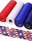 5 Rolls 4Th of July Patriotic 30 Feet Each Roll Red White and Blue Poly Burlap Mesh with Ribbon Stripe 10 Inches for Veterans Day Party Decor Gift Wrapping DIY Crafts (Bright Style)