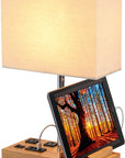 Desk Lamp with 3 USB Charging Ports, Table Lamp with 2AC Outlets and 3 Phone Stands, Nightstand Bedside Lamp with Natural Wooden Base and Cream Linen Shade
