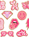 10Pcs Pink Preppy Iron on Patches for Girls Y2K Chenille Embroidered Repair Patch Hanging Lip Lightning Bolt Leopard Face DIY Accessories Sew on Applique for Backpack Clothes Hats Dress Jackets Jeans