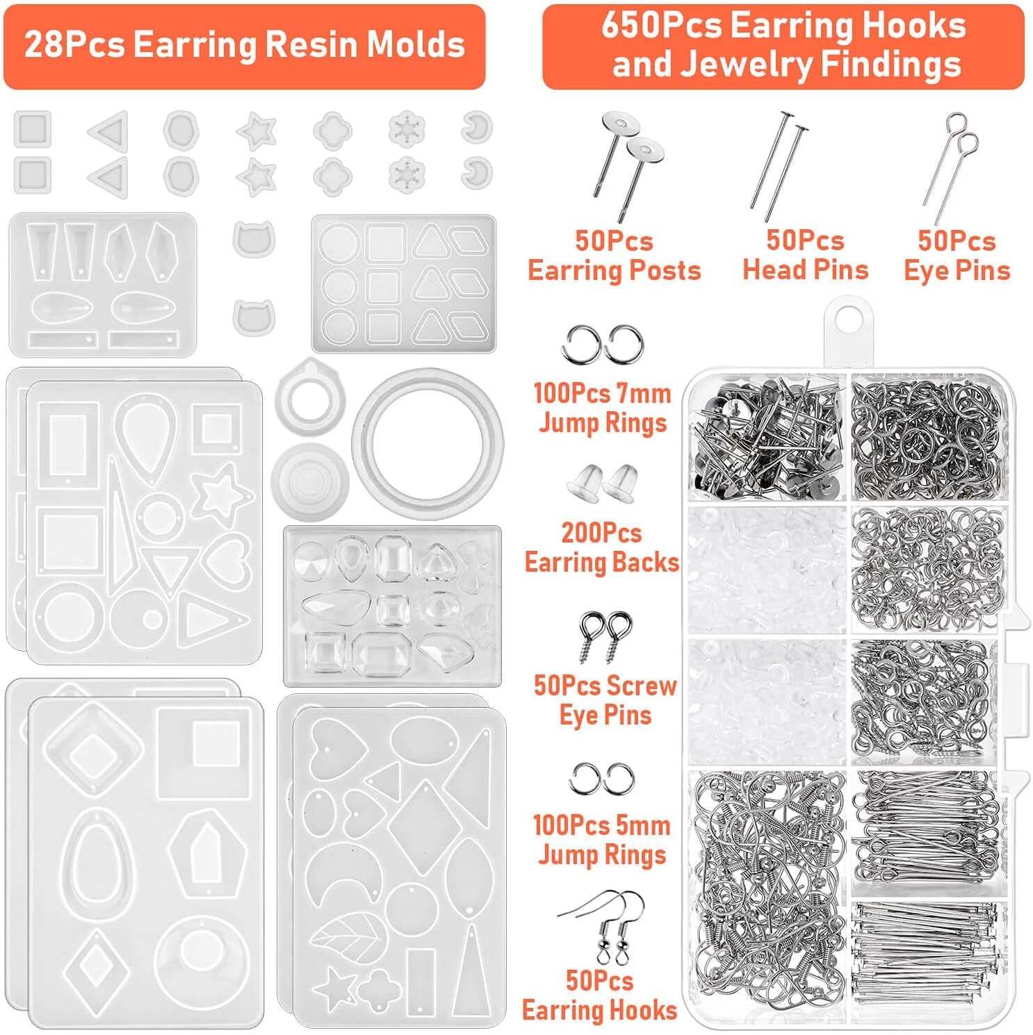 Resin Molds for Jewelry,  678Pcs Earring Making Kit with 28Pcs Epoxy Molds and 650Pcs Earring Hooks, Jump Rings for Pendants, Resin Crafts, DIY Earring