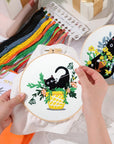5 Sets Embroidery Starter Kit with Black Cat Patterns and Instructions, DIY Adult Beginner Cross Stitch Embroidery Kits, Including 2 Plastic Embroidery Rings, 1 Scissor, Colored Threads Needles