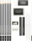 20 Piece Professional Hi-Quality Artist Sketch Set in Hard Storage Case - Sketch & Charcoal Pencils, Pastel, Stumps, Eraser, Sharpeners