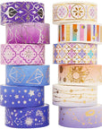 Galaxy Washi Tape Set Purple Stars Decorative Tapes Silver Gold Foil Masking for Arts, DIY Crafts, Journal Supplies, Planners, Scrapbook, Gift Wrapping (Purple Night 12 Rolls)