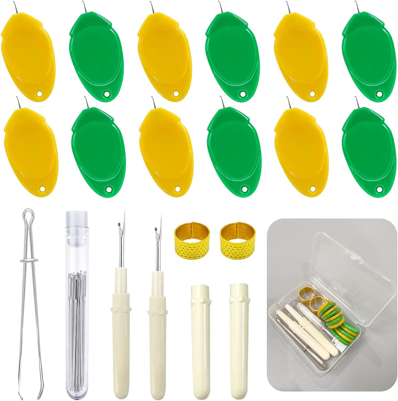 Needle Threaders Tool Set 19 in 1 for Hand Sewing, Sewing Machine, DIY (5 Pcs Gourd Shaped Threaders + 5 Pcs Thumb Shaped Threaders + 2 Pcs Drawstring Threaders + 2 Pcs Seam Rippers + 5Pcs Needles)