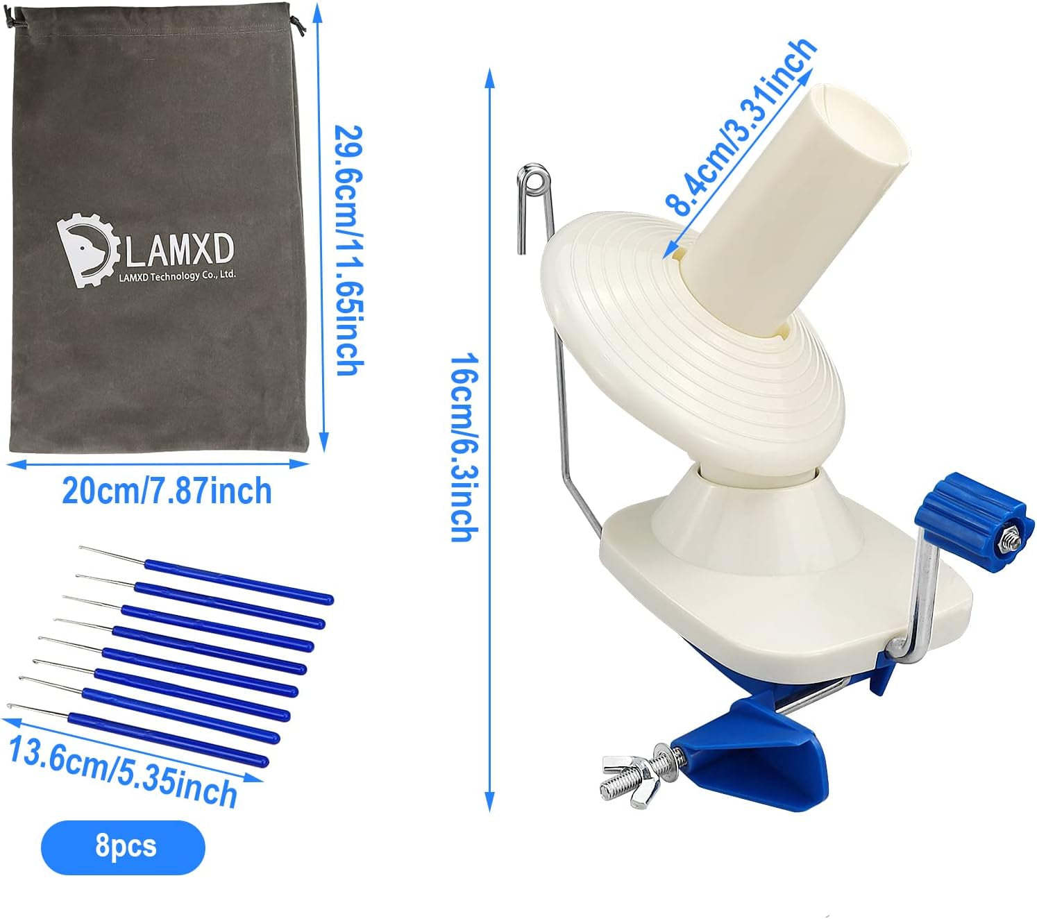 Needlecraft Yarn Ball Winder Hand Operated,Capacity 4-Ounce,Blue,Portable Package,Easy to Set up and Use,Sturdy with Metal Handle and Tabletop Clamp,Including 8 Sizes Crochet Hooks Set