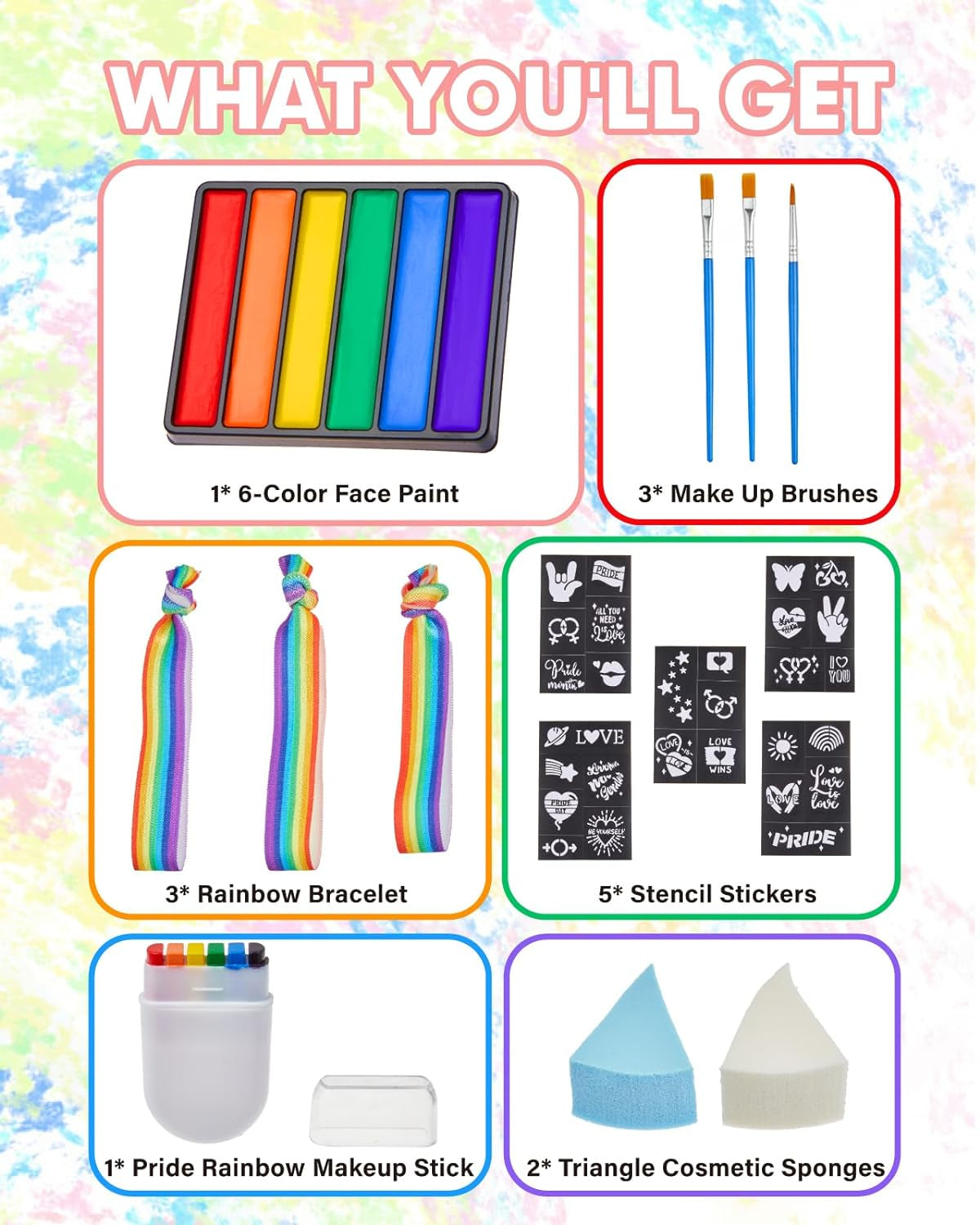 Pride Face Paint Kit - 6 Color Rainbow Face Body Paint with Pride Makeup Stick, Stencil Stickers, and Pride Bracelet - Perfect for Gay Pride Parade, Pride Month Celebrations and Party