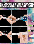 Alcohol Ink Blending Solution (4Oz) and Water Brush Pen (6Pk) - Watercolor Blending Brush Pens for Alcohol Ink Painting with Various Tips with Alcohol Blending Solution