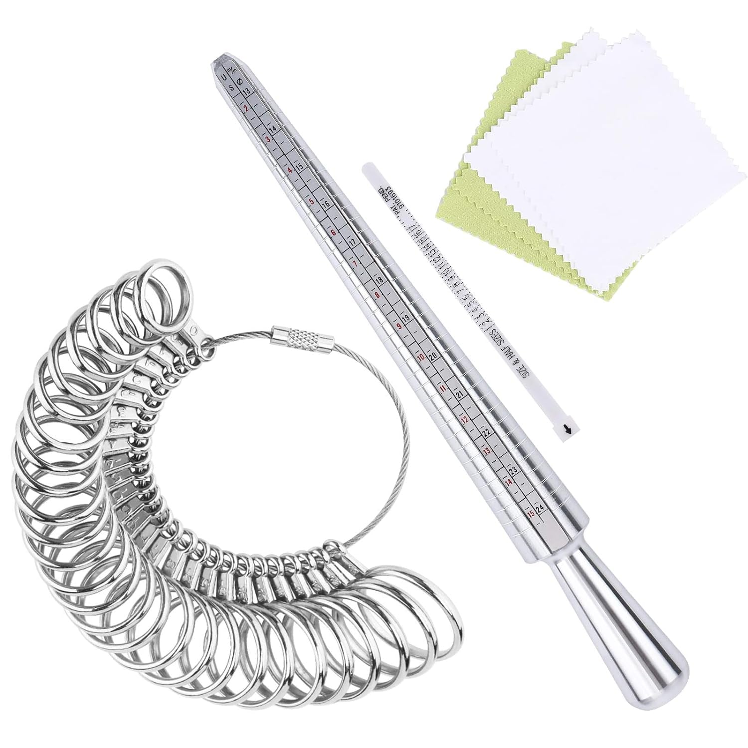 Ring Sizer Measuring Tool, Aluminum Ring Mandrel, 27 Pcs Premium Metal Ring Measurement Tool, Mens Womens Finger Gauge, 4 Sizes Ring Stick, 4 Pcs Polishing Cloth, US Ring Sizing Kit, by