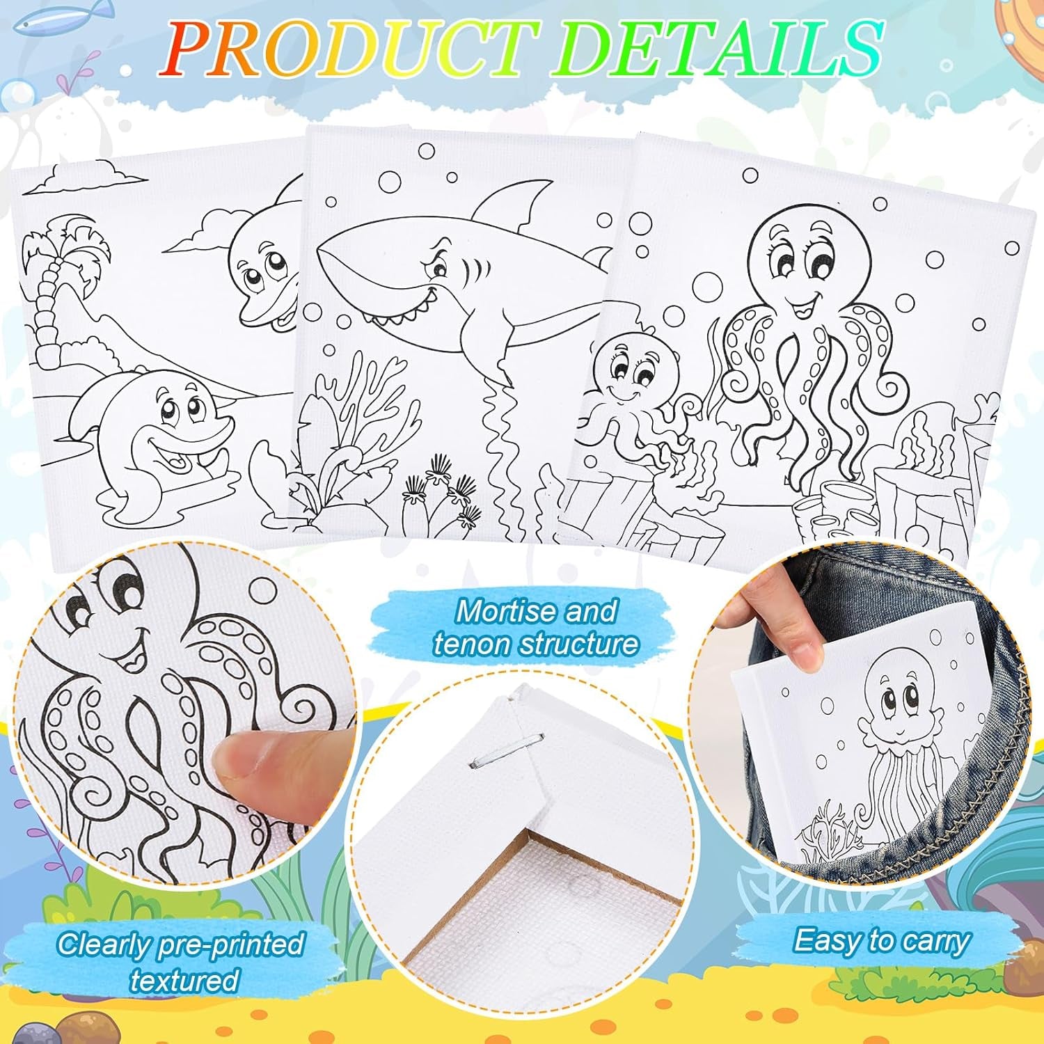 Meanpla 12 Pcs Back to School Pre Drawn Outline Canvas 4'' X 4'' Pre Drawn Stretched Canvas Painting Boards for Painting Art Party Favor for Student Kids First Day of School (Marine Animal Style)