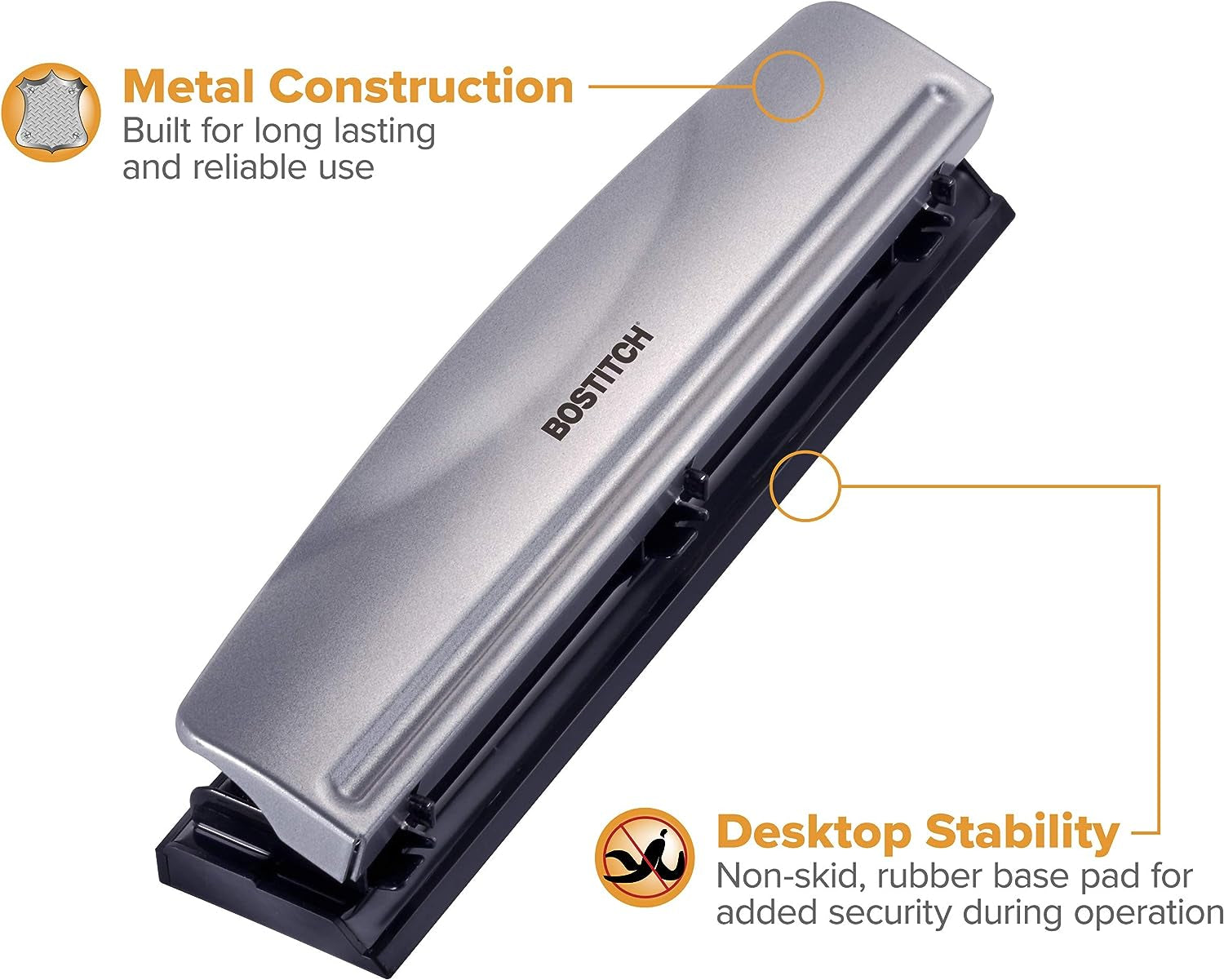 Office Premium 3 Hole Punch, 12 Sheet Capacity, Metal, Rubber Base, Easy-Clean Tray, Silver