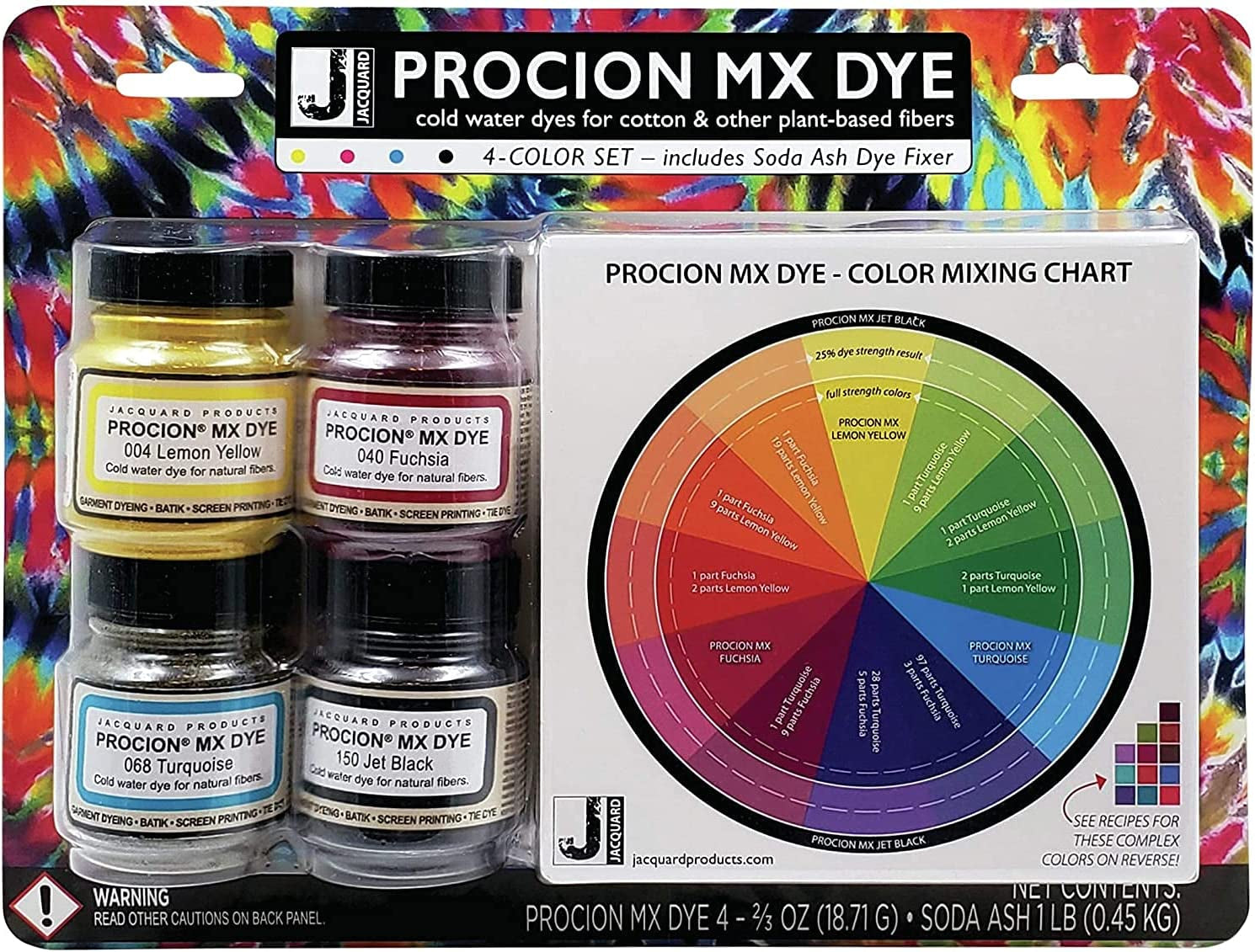 Procion Mx Dye 4 Color Set with Soda Ash and Color Mixing Chart - Lemon Yellow - Fuchsia - Turquoise - Jet Black